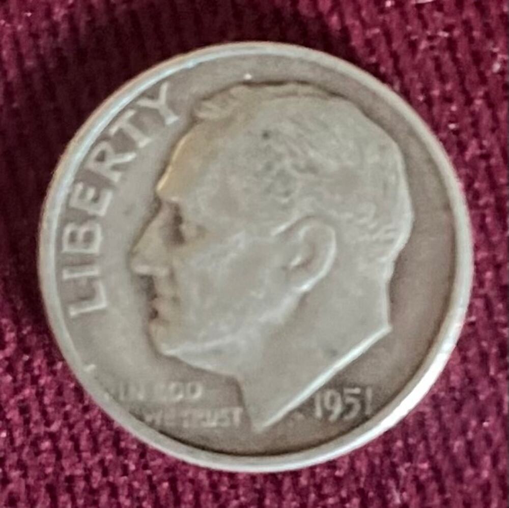 1951 Roosevelt Silver Dime 10c - 90% Silver Vintage US Coin (VF Condition)